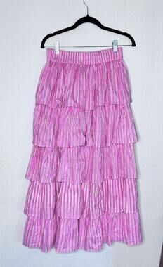 Sassy Cinnamon Boutique Vintage Blush Stripe Tiered Ruffle Maxi Skirt SZ M Pink